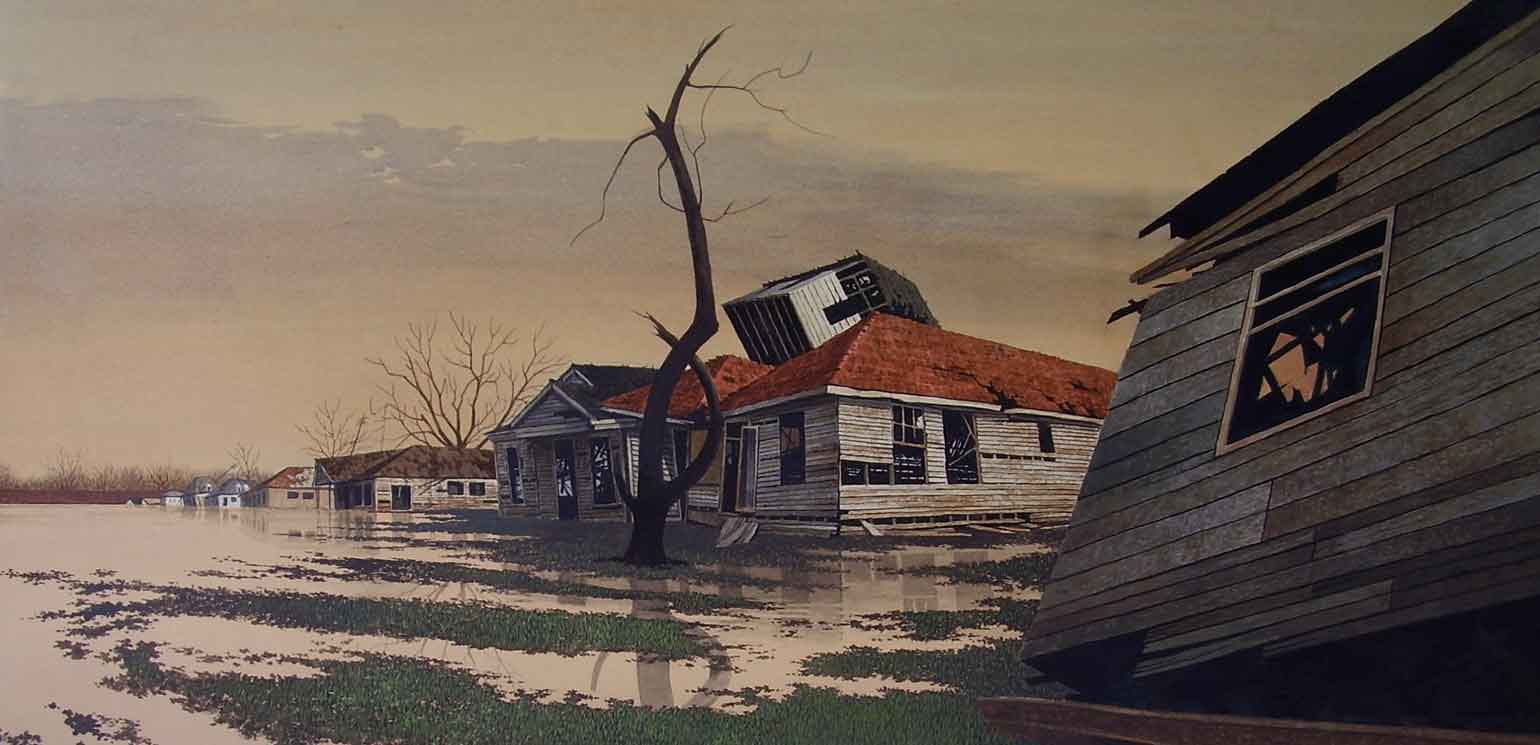 A detail of Rolland Golden's painting "Early Spring Rain Near the Levee," which shows houses flooded or washing away