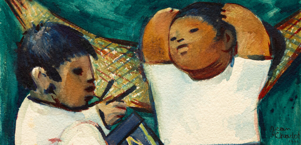 A detail of an untitled watercolor by Jean Charlot that shows two small boys, one seated at the left playing a drum and the other dancing to the beat of the drum at the right.