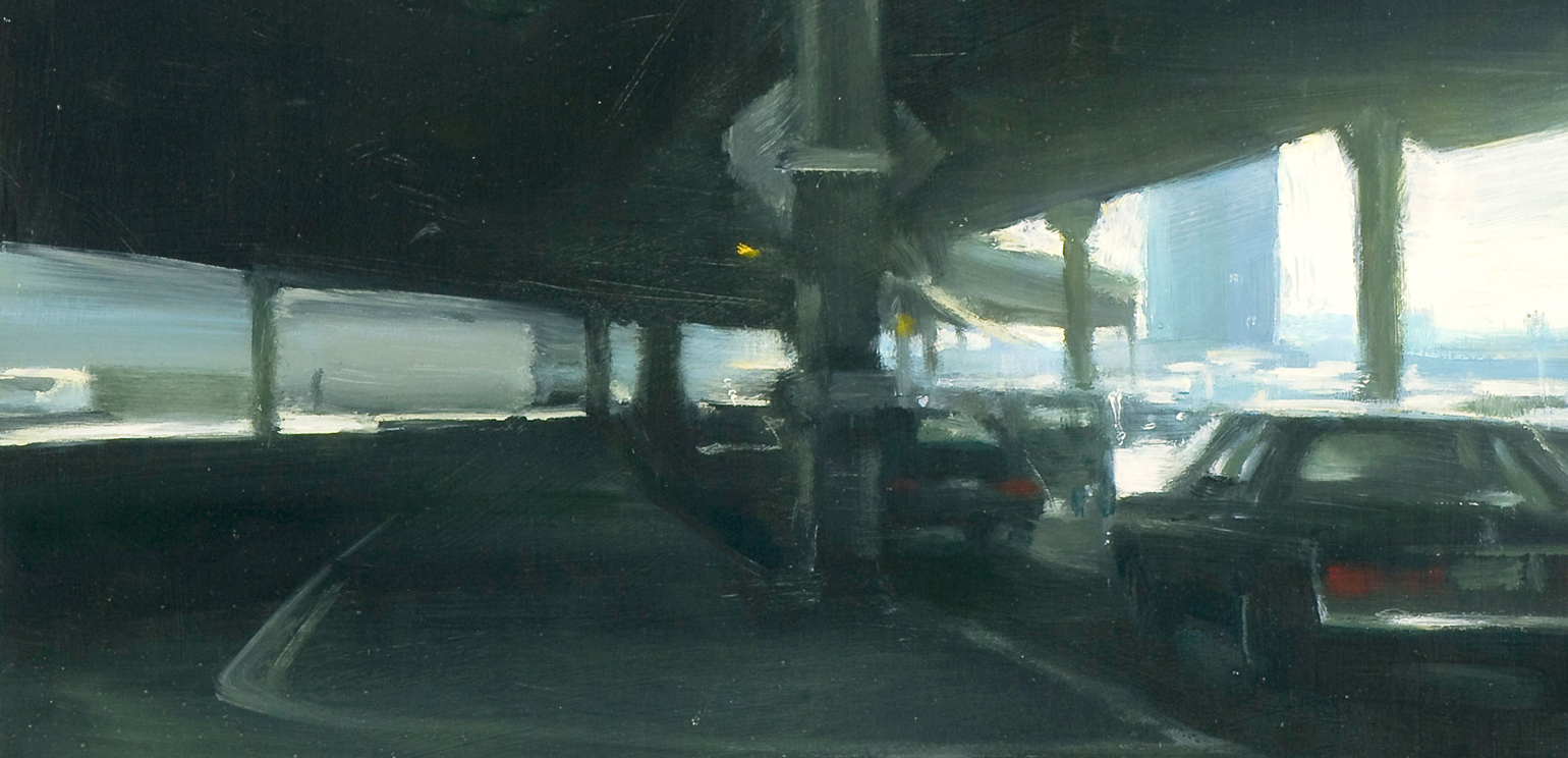 A detail of a smudgy, somewhat abstracted painting of cars and an overpass
