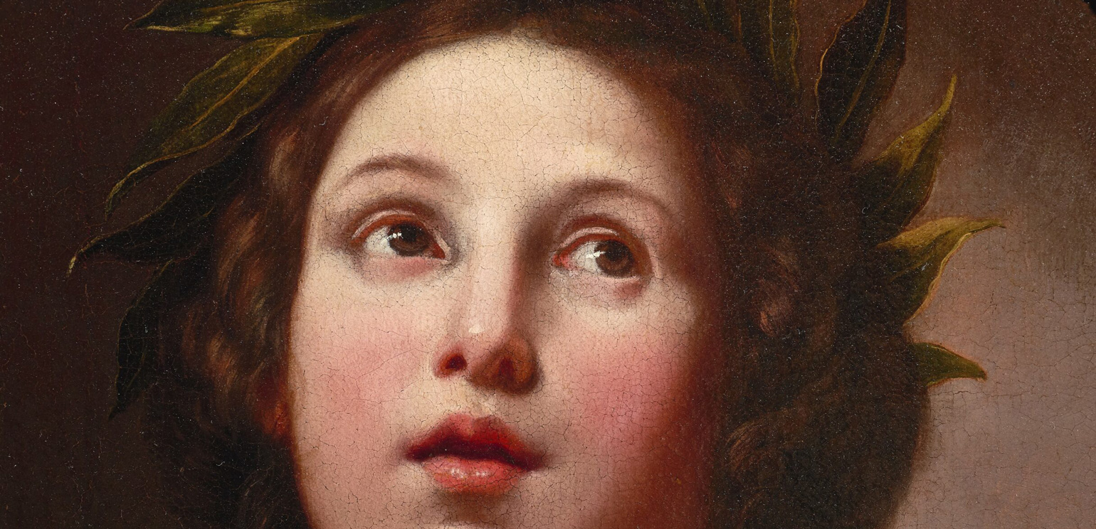 A detail from Felice Ficherelli's 17th-century painting "The Allegory of Painting." It shows a young person wearing a laurel wreath, their face upturned and looking up and to the viewer's right. Their lips are red and slightly parted and their cheeks flushed.