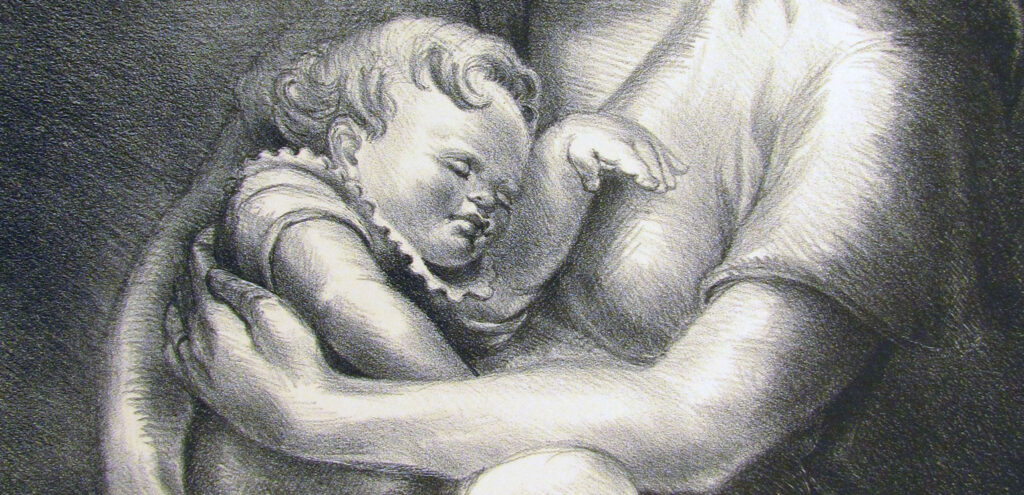 A detail of Victoria Hutson Huntley's lithograph "Babe in Arms," which shows a baby sleeping in its mother's arms (in black and white)