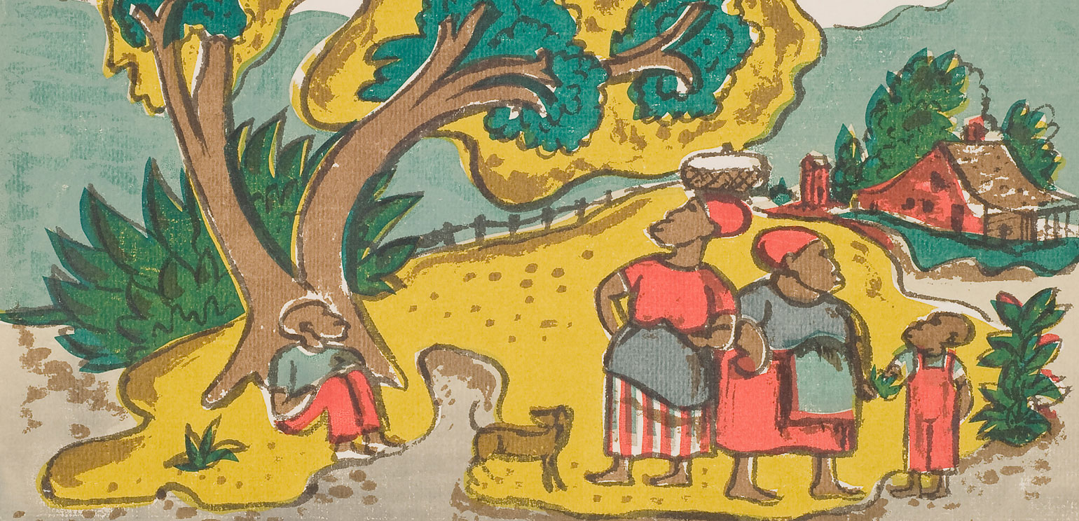 A color print by Ralph Chessé titled "Lethargy." It features two Black women standing under a tree, one of whom seems to have a basket of cotton on her hand. Two children are with them, one sitting and one standing. A cabin is in the background.
