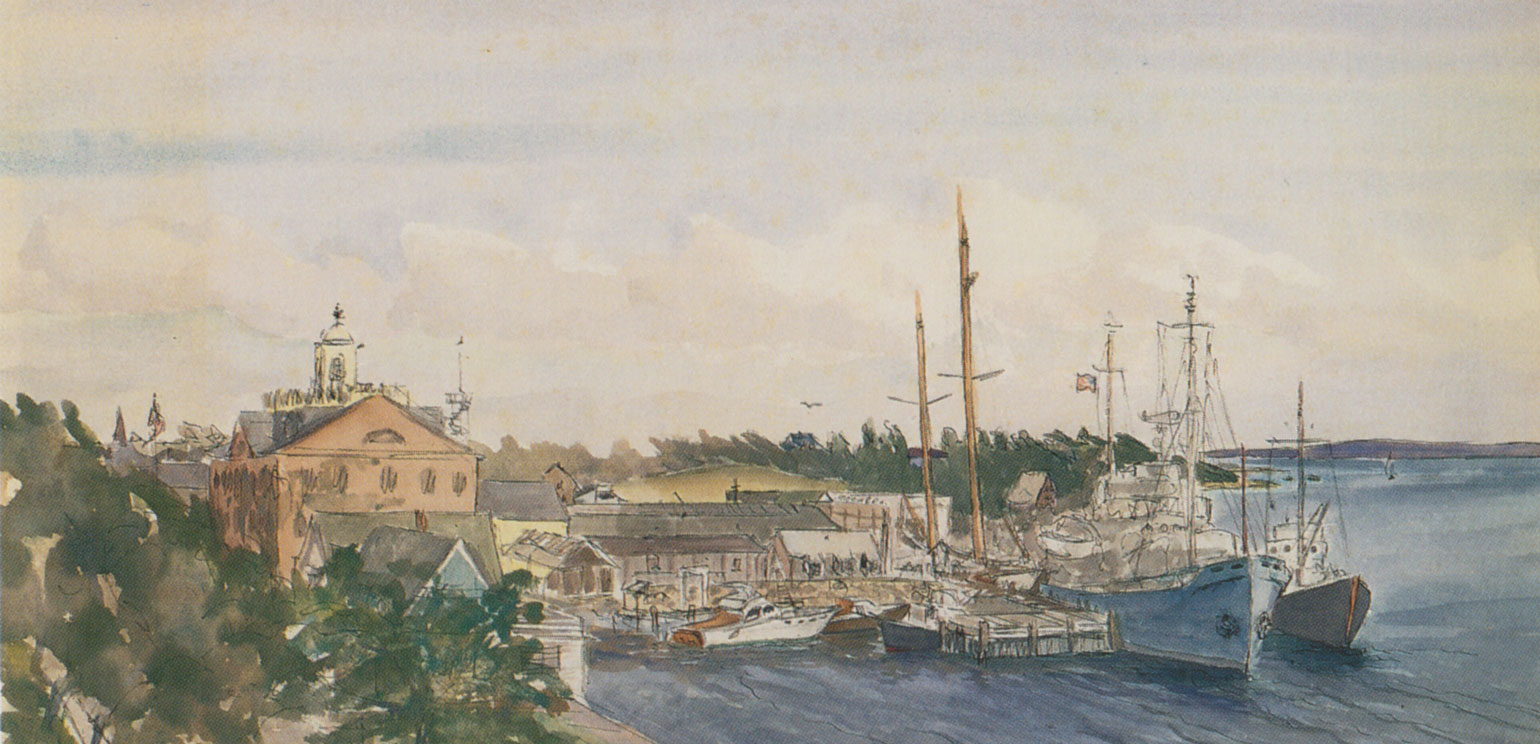 A detail of Martha Odum's watercolor of an oceanographic institute, seen from a distance