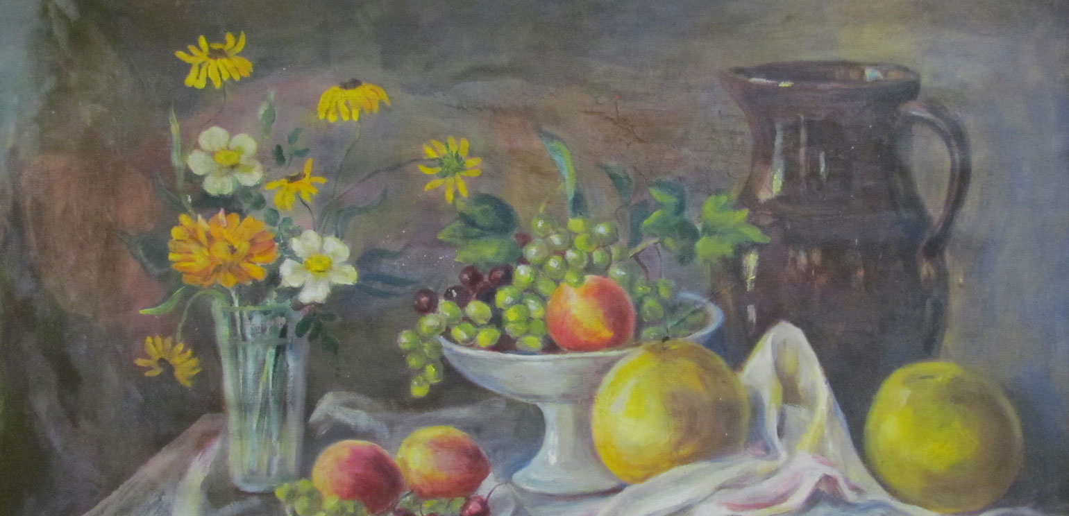 A detail of a still-life painting by Laura Blackshear that shows a white footed bowl with fruit in it, more fruit on the table, a clear glass vase of wildflowers and a brown stoneware pitcher, all on a white tablecloth