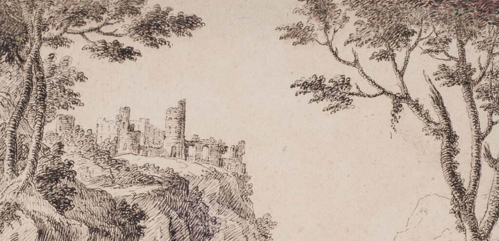 A detail of an etching that shows a landscape with a castle off in the distance