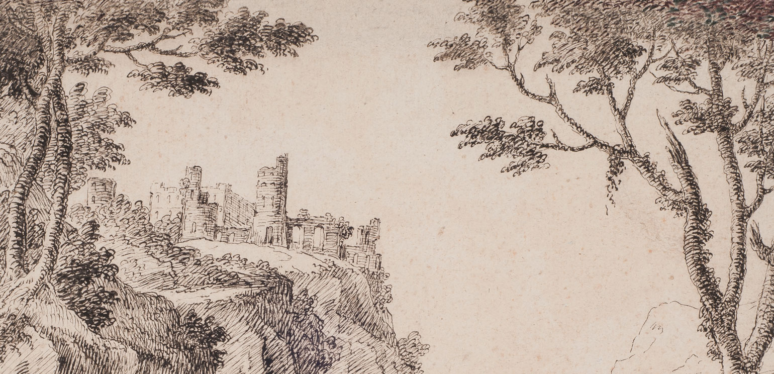 A detail of an etching that shows a landscape with a castle off in the distance