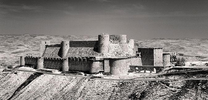 A detail of Peter Aaron's black-and-white photograph of the Krac de Chevaliers, 2009