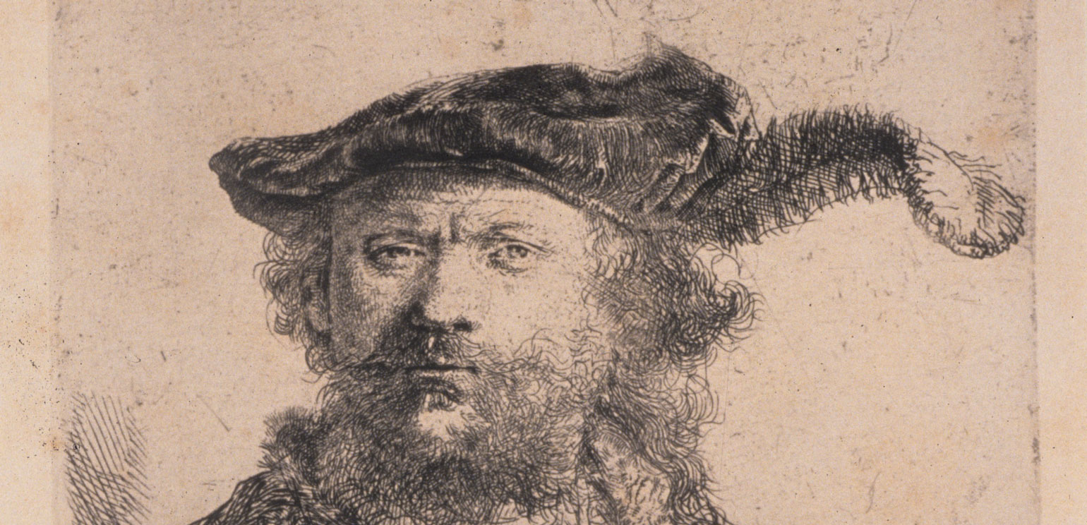 A detail of Rembrandt van Rijn's etching "Self-Portrait in a Velvet Cap with Plume"
