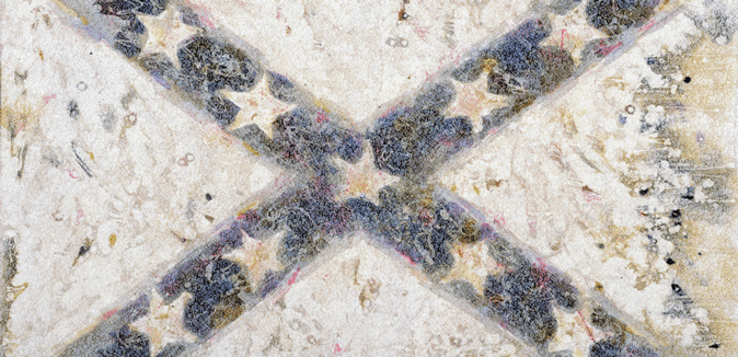A batik image of the Confederate battle flag with a blue X, white stars and a white background, created by Black artist Leo Twiggs