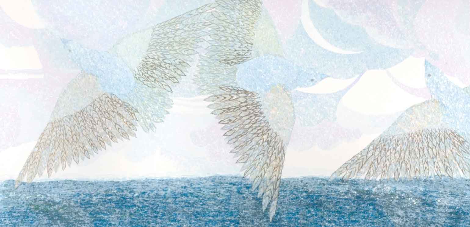 Detail of a print of birds above the water by Lou Stovall