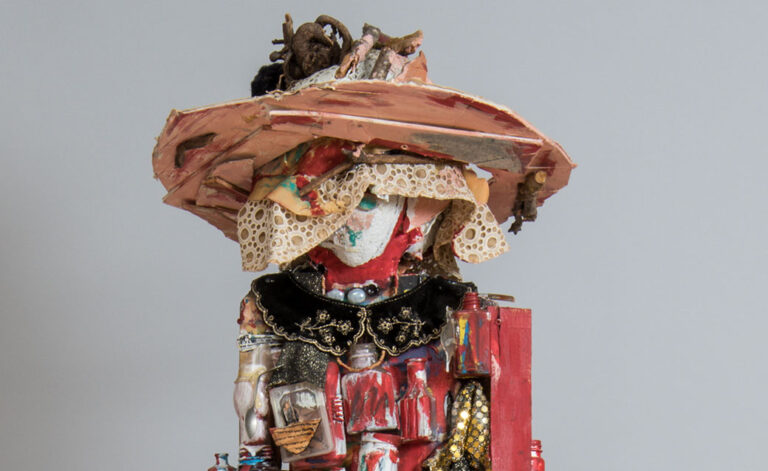 Beverly Buchanan's "Medicine Woman," a spindly sculpture made of found materials (including medicine bottles) that seems to show a woman in a dress, wearing a broad-brimmed hat and leaning on a cane.