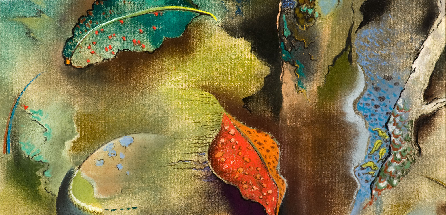 Detail of Will Henry Stevens (American, 1881–1949). Untitled, 1944, pastel on paper. Gift of Janet Stevens McDowell Trust. 2006.12.5. Collection of The Mint Museum, Charlotte, NC. The painting shows colorful, abstracted leaves.