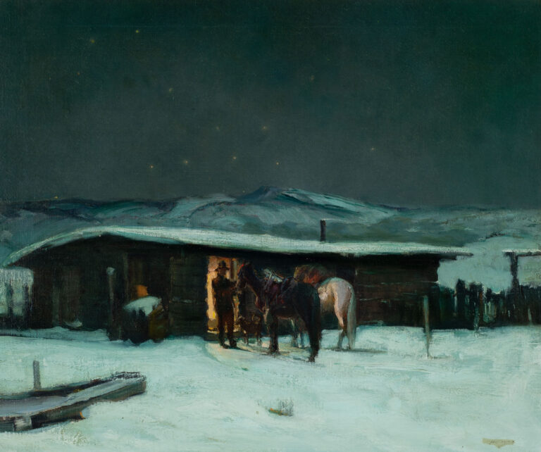 Oscar Berninghaus' painting "Ranch Cabin, Starry Night, Taos." The starry night sky stretches above a snow-covered cabin. The door is open, with light visible inside. In front of it stands a man in a hat tending to two horses with a small dog at his side.