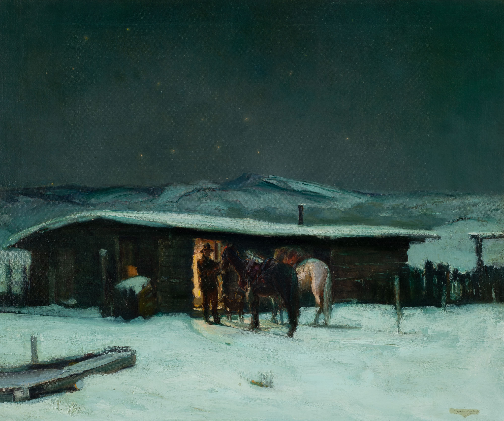 Oscar Berninghaus' painting "Ranch Cabin, Starry Night, Taos." The starry night sky stretches above a snow-covered cabin. The door is open, with light visible inside. In front of it stands a man in a hat tending to two horses with a small dog at his side.