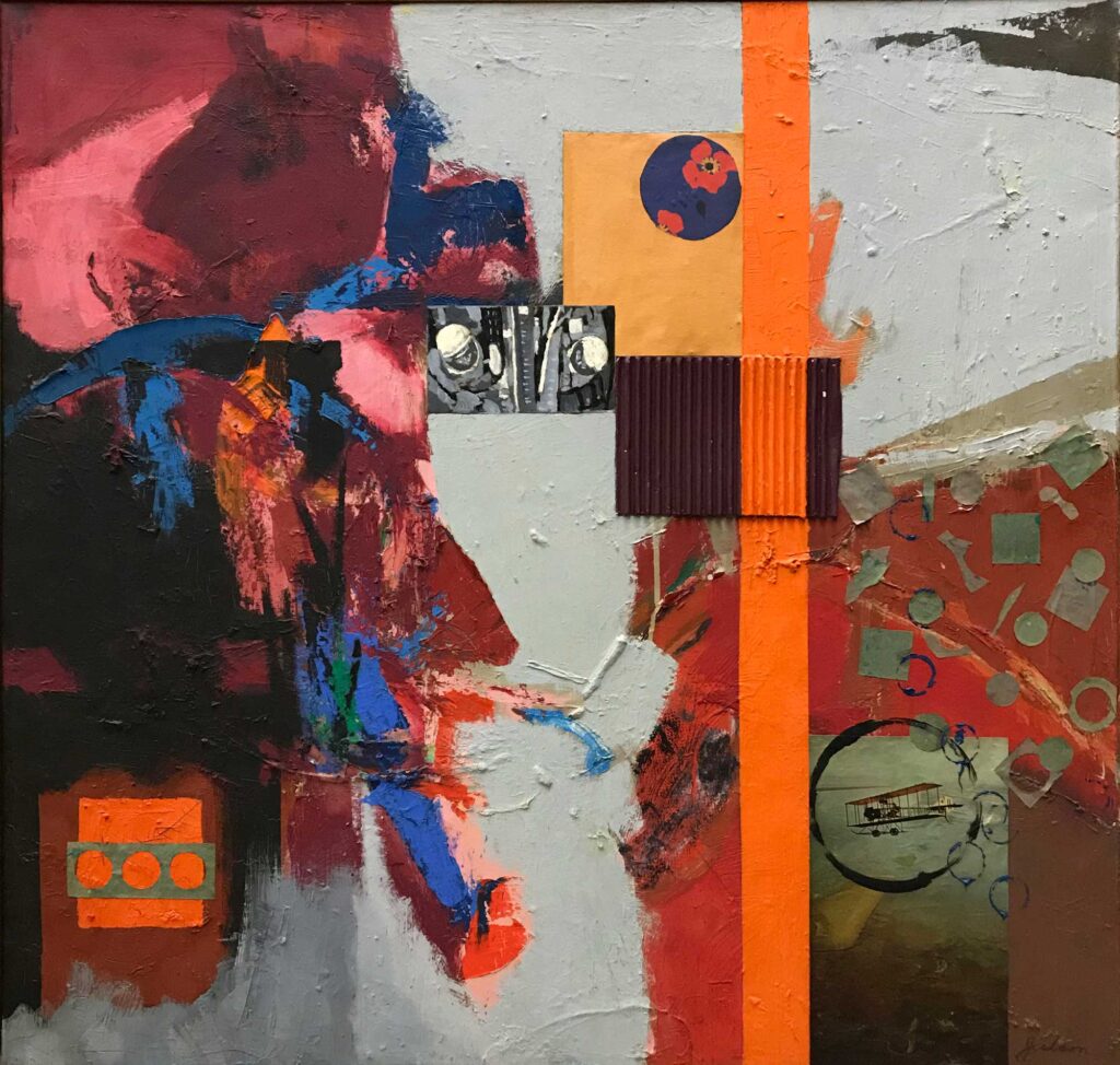 Jeanette Alexander Judson's abstract painting "Soaring." It includes collage as well as abstract shapes and many different colors: a magazine clipping of a biplane at lower right, a rectangular piece of corrugated cardboard painted dark brown and bisected vertically by an orange stripe, a photograph of astronauts inside a spaceship that's been painted over in black and white.