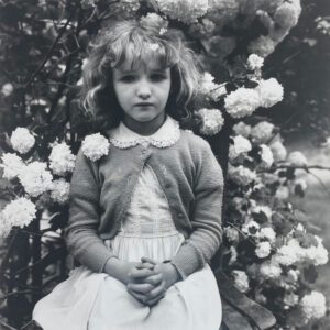 A black-and-white photograph by Arthur Tress that shows a small girl sitting with her hands in her lap, in front of a bush covered with white flowers.