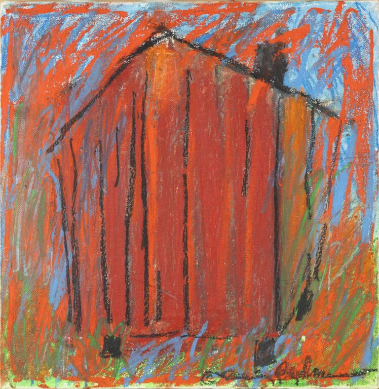 An untitled oil pastel of a red shack by Beverly Buchanan from the 1980s or 1990s. The shack is simple and scribbly, with black outlines, a chimney and feet. The background is scribbled with red, blue and green and overlaps the image of the shack in some places.