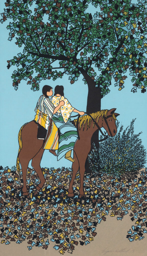 Virginia Stroud's print "Children on Horseback" shows two Native American children riding a brown horse. The print uses flat, simplified, almost cartoonish shapes and colors.