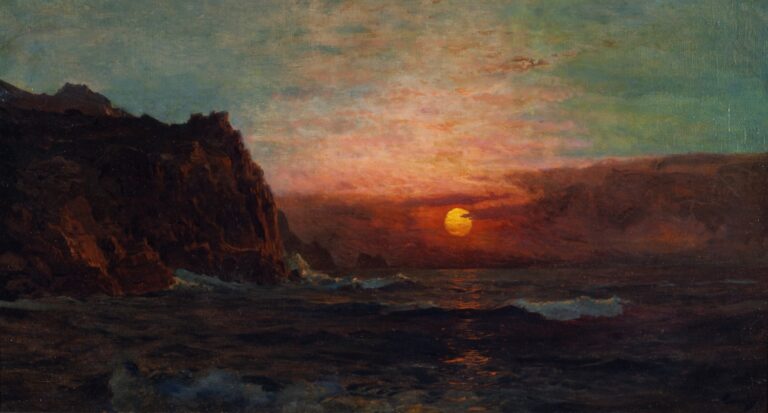 An oil painting of a sunset on Cornwall Cliffs