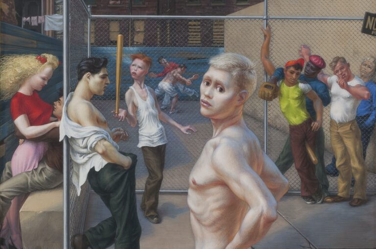 In "Playground" by Paul Cadmus, a shirtless young man looks at the viewer with his hands on his hips as other men lean on the chain link fence