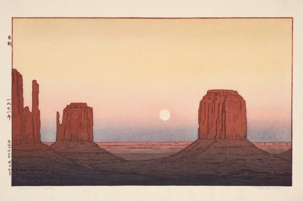 Toshio Yoshida's woodblock print depicts a rising moon at Monument Valley