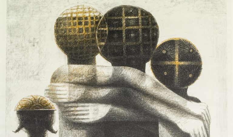 Detail of "Star Gazers" by John Biggers, a drawing depicting the backs of four people with their arms around each other