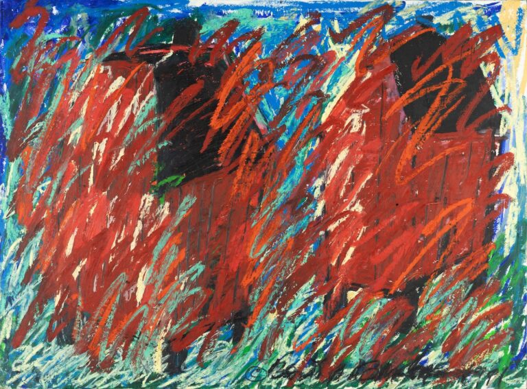 A drawing of two red houses