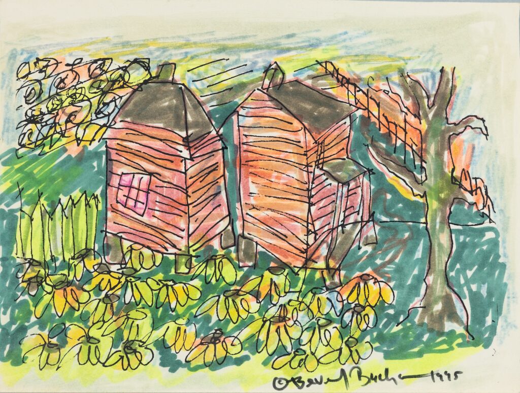 A marker drawing of two red houses with a yard full of yellow flowers