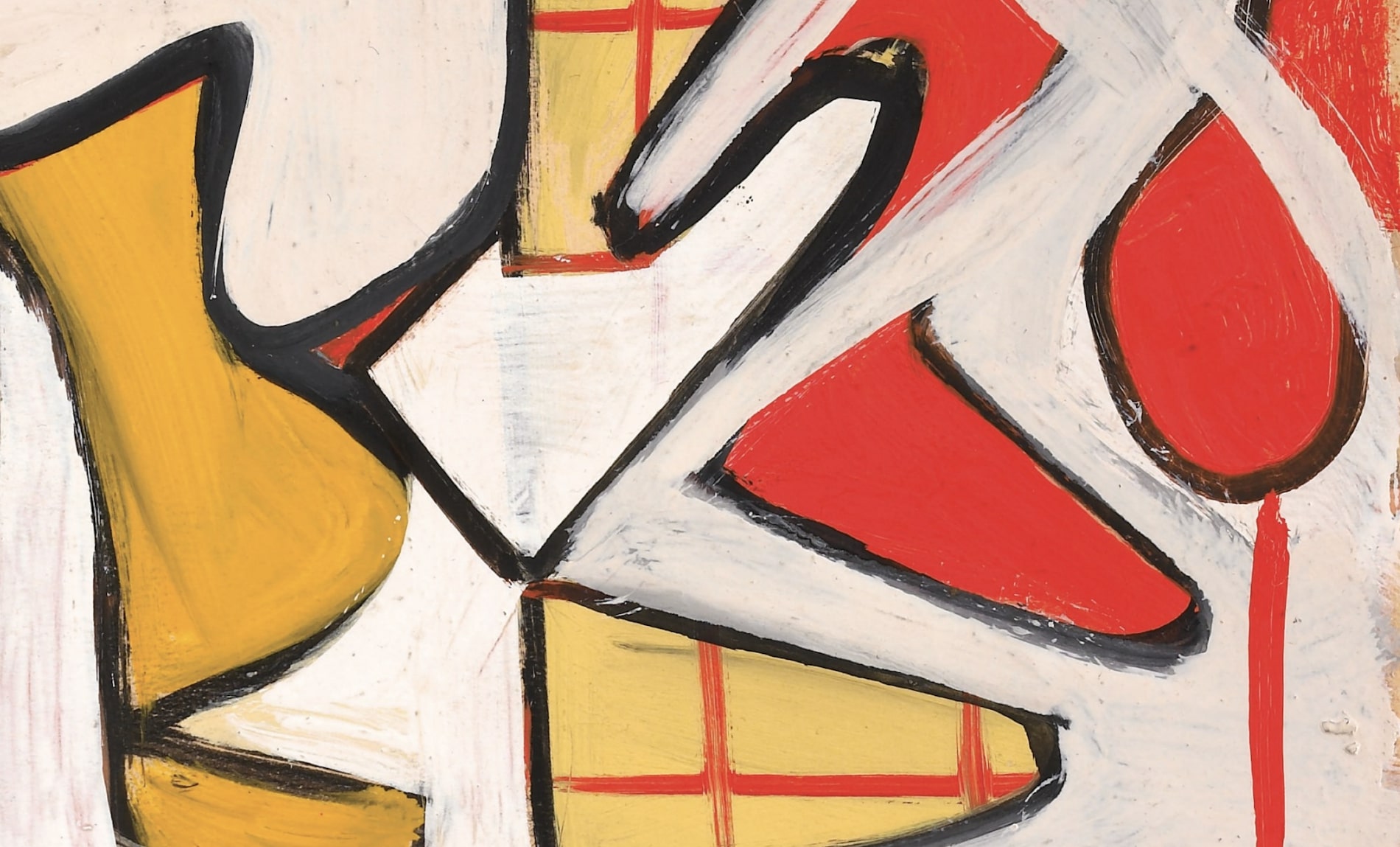 An abstract painting with red, yellow, cream and black
