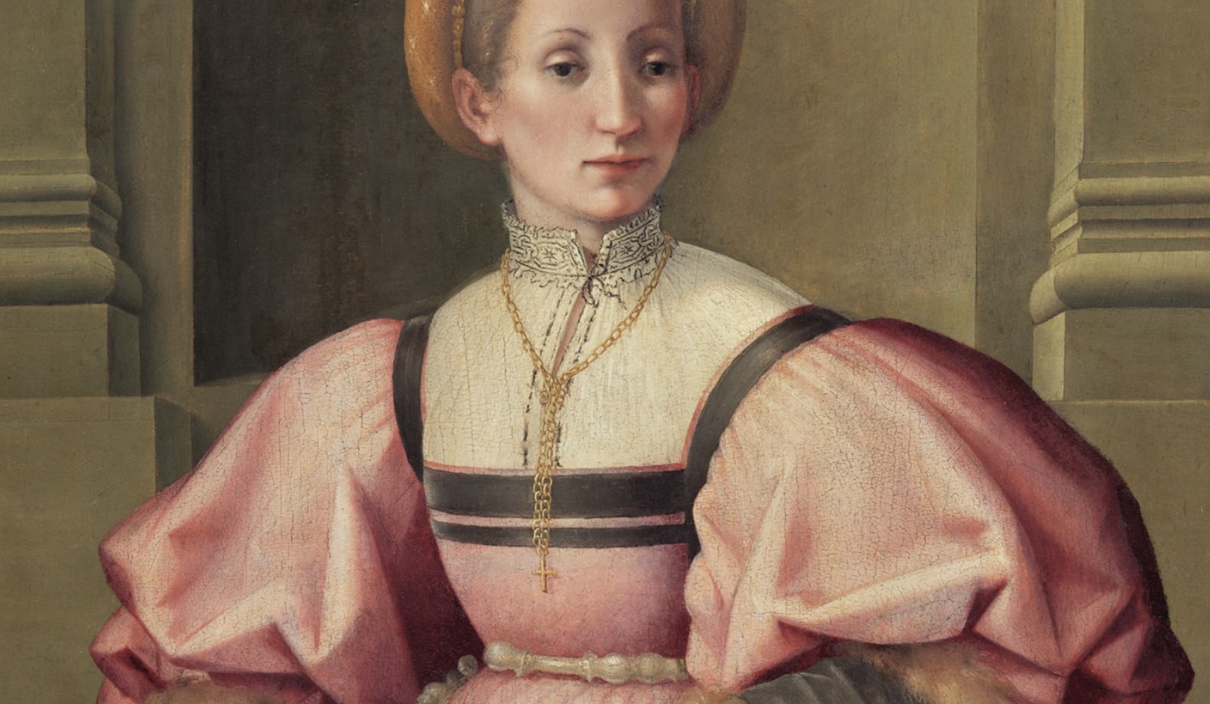 Pier Francesco Foschi's oil painting "Portrait of a Lady" depicts a woman wearing a pink dress