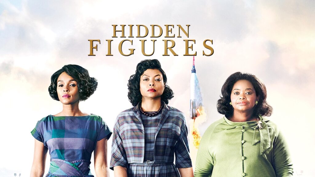 Detail of a movie poster for "Hidden Figures" depicting actresses Janelle Monáe, Taraji P. Henson and Octavia Spencer