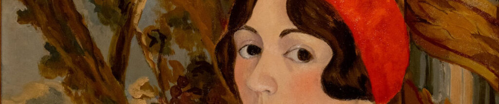 Detail of a self-portrait by Louise Heron Blair that shows her in a red beret with dark bobbed hair