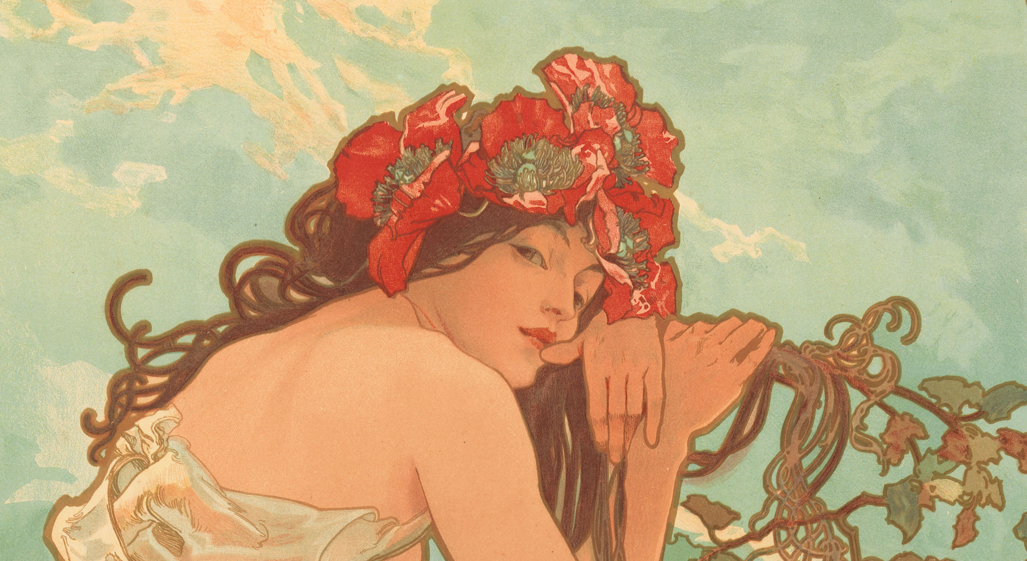 A detail of Alphonse Mucha's color lithograph "Summer," which shows a young woman with flowing brown hair bedecked with red poppies leaning on a vine.