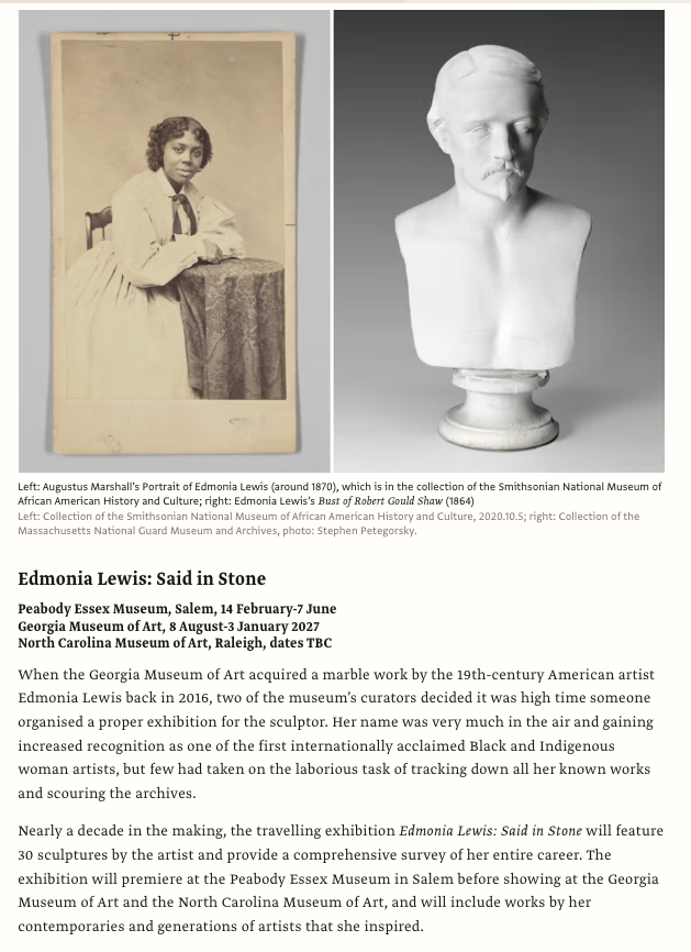 A screenshot from the Art Newspaper's article about the must-see exhibitions of 2026 that discusses "Edmonia Lewis: Said in Stone"