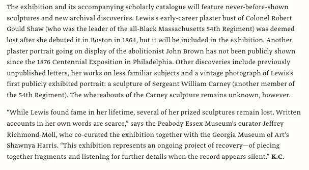 A screenshot from the Art Newspaper's article about the must-see exhibitions of 2026 that discusses "Edmonia Lewis: Said in Stone"