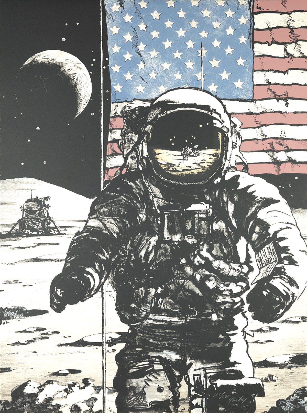 Robert McCall's color lithograph of an astronaut on the moon. Behind him are the lunar landscape, an American flag and the Earth, hanging in space.