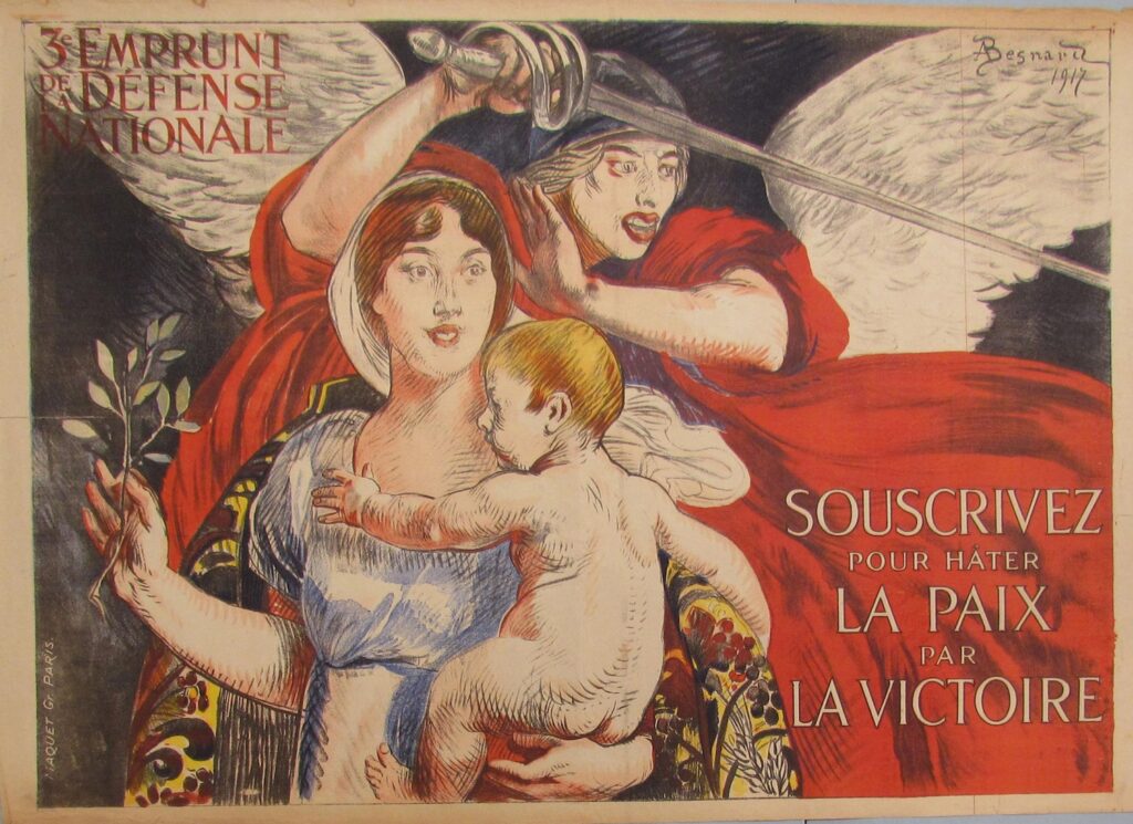 the image covers the whole, with the title placed lower right and the subtitle positioned in the top left corner. image: a half-length depiction of Marianne carrying an infant and holding a laurel sprig. Behind her stands Victory, wearing a red cape and holding a sword in her right hand. text: 3e EMPRUNT DE LA DÉFENSE NATIONALE ABesnard 1917 MAQUET Gr. PARIS. SOUSCRIVEZ POUR HÂTER LA PAIX PAR LA VICTOIRE [Third National Defence Loan. Subscribe to hasten Peace through Victory.]