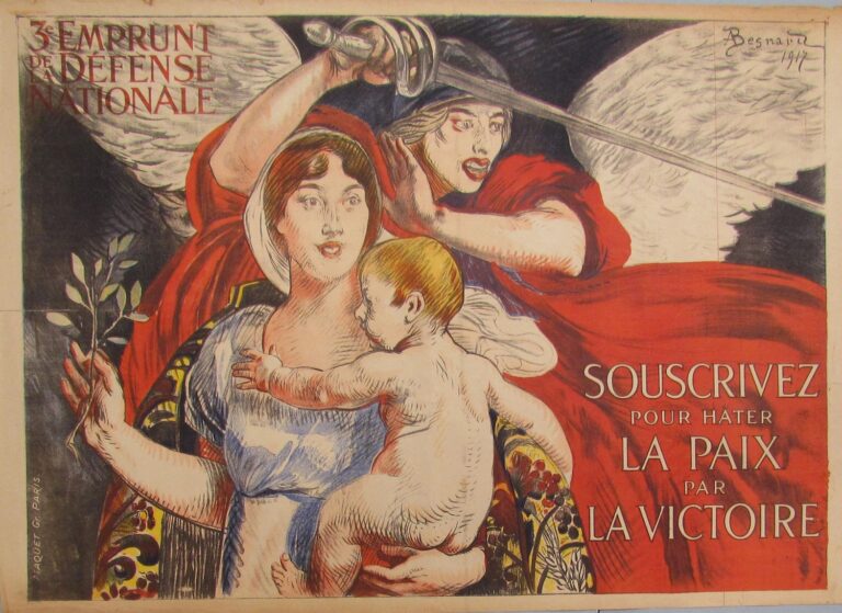 the image covers the whole, with the title placed lower right and the subtitle positioned in the top left corner. image: a half-length depiction of Marianne carrying an infant and holding a laurel sprig. Behind her stands Victory, wearing a red cape and holding a sword in her right hand. text: 3e EMPRUNT DE LA DÉFENSE NATIONALE ABesnard 1917 MAQUET Gr. PARIS. SOUSCRIVEZ POUR HÂTER LA PAIX PAR LA VICTOIRE [Third National Defence Loan. Subscribe to hasten Peace through Victory.]