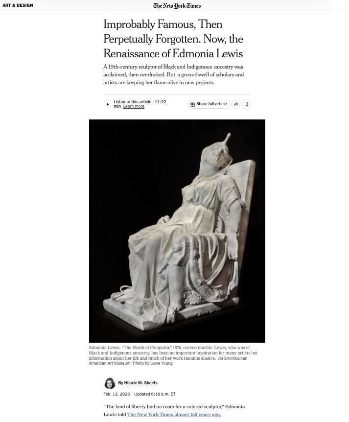 A screenshot of an article from the New York Times featuring an image of Edmonia Lewis' sculpture of Cleopatra.