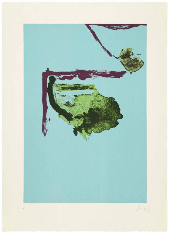 Helen Frankenthaler's "La Sardana," a lithograph with sugar-lift aquatint. A vertical sky-blue square holds two blobby, biomorphic shapes in uneven shades of green, one above and to the right of the other. Each shape is framed on its top and left by a right angle in purple.