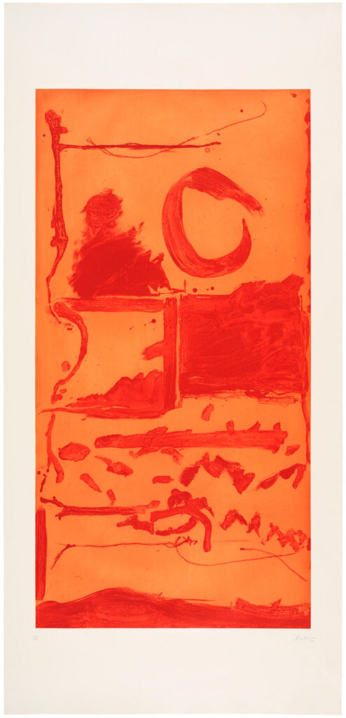 A print by Helen Frankenthaler that combines etching, aquatint and drypoint. Tall and vertical, it features a paler orange ground and ink in a darker orange on top of it in various rough shapes and squiggles, including a circle and some horizontal lines.