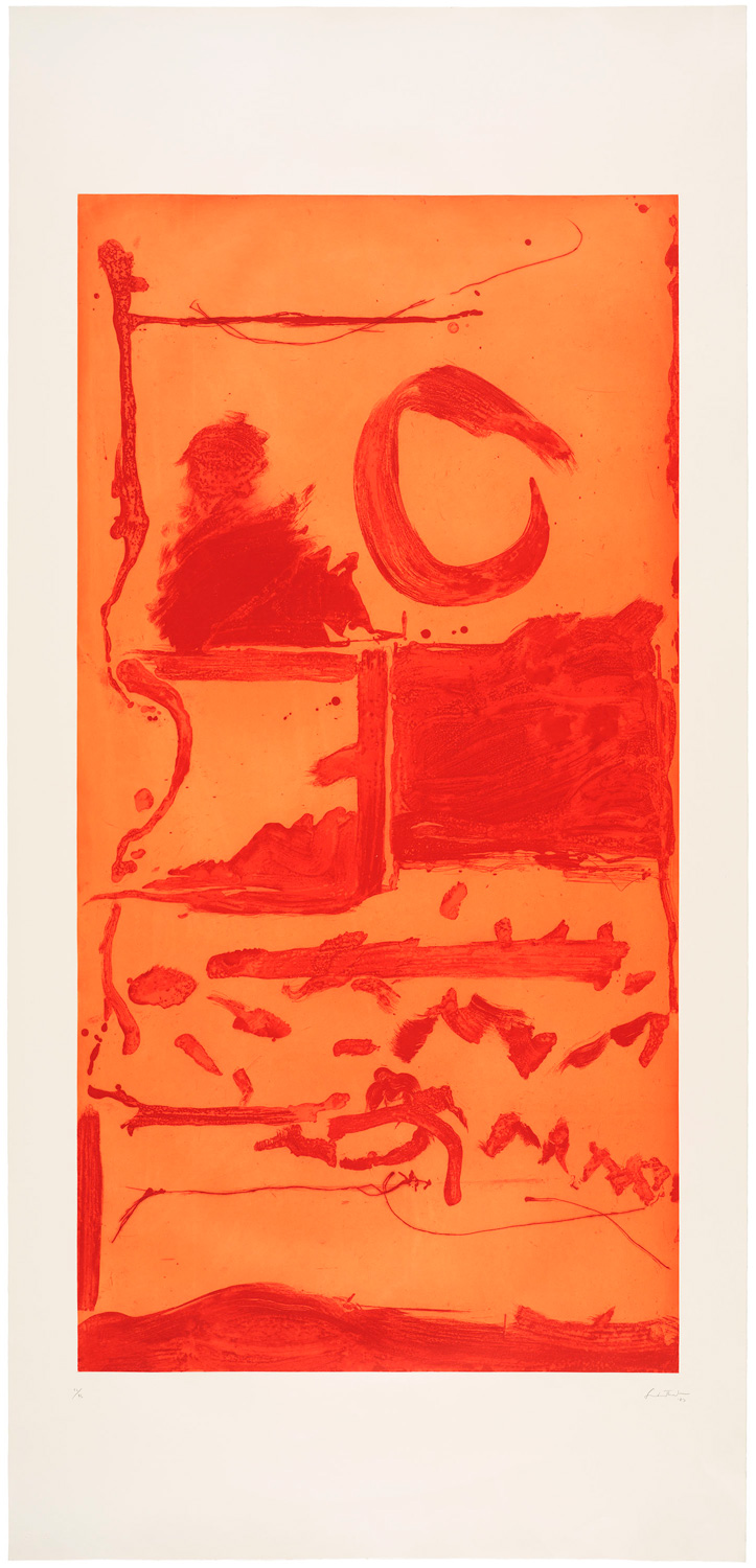 A print by Helen Frankenthaler that combines etching, aquatint and drypoint. Tall and vertical, it features a paler orange ground and ink in a darker orange on top of it in various rough shapes and squiggles, including a circle and some horizontal lines.