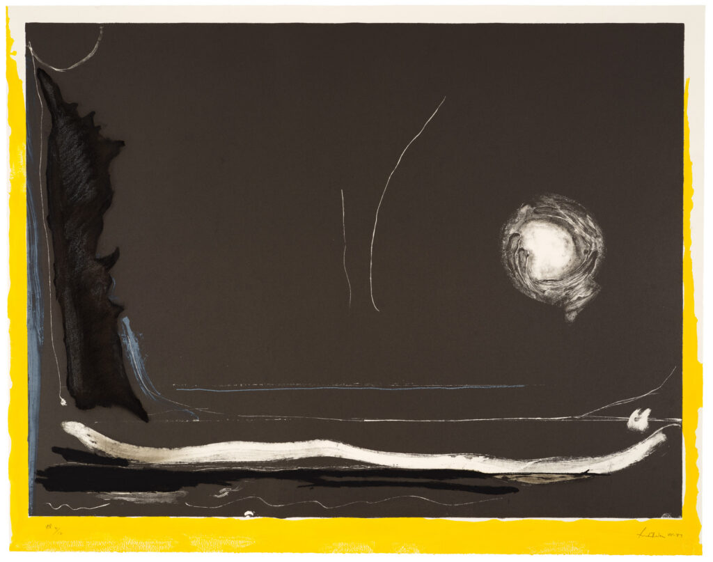 Helen Frankenthaler's "Yellow Jack," a horizontally oriented lithograph on paper with stencil added. A yellow ground appears on every side except the top, with ragged edges. The image appears in a black rectangle on top of that yellow, with a white, sunlike circle to the right, a thick white wiggly line below and a vertical darker black shape with rough edges on the left. Thin white lines squiggle around.