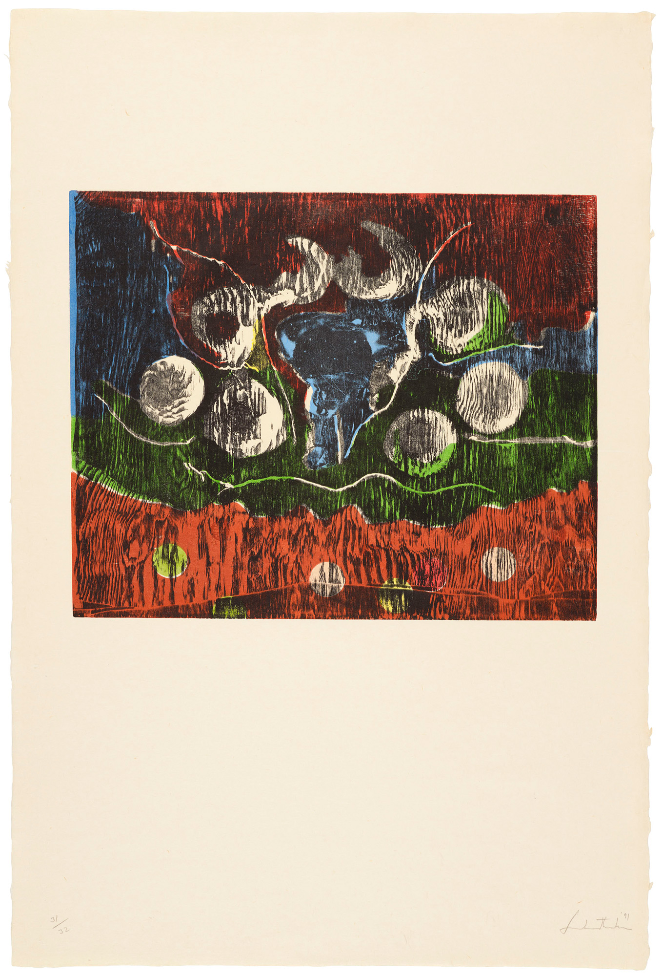 Helen Frankenthaler's "Grove," a multicolored woodcut print. The sheet is vertical and natural-colored paper, while the image itself is horizontal. Eight large-ish white circles dance around a central blue tornado shape on a ground of vertical stripes in orange, blue, red and green. Three smaller circles appear below in a horizontal line.