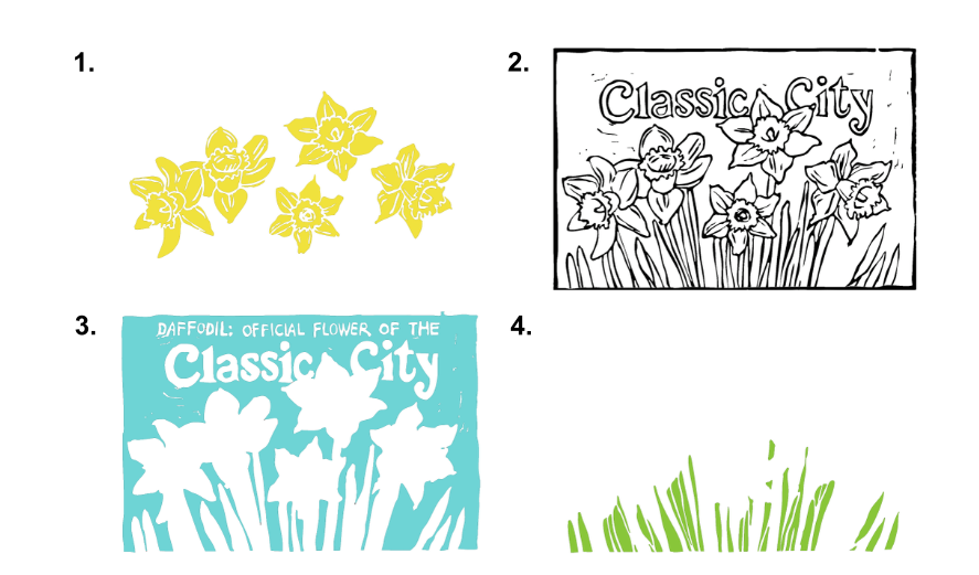 A graphic showing the four parts of the 2026 Circulating Stamp Project, with yellow, black, blue and green color separations that together form a picture of daffodils.