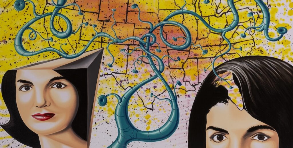 A detail of Kenny Sharf's "The 3 Faces of Jackie the American" shows a map of the United States with two portraits of Jackie Kennedy, each only showing part of her face. Greenish-blue tentacle-like things stretch across the page.