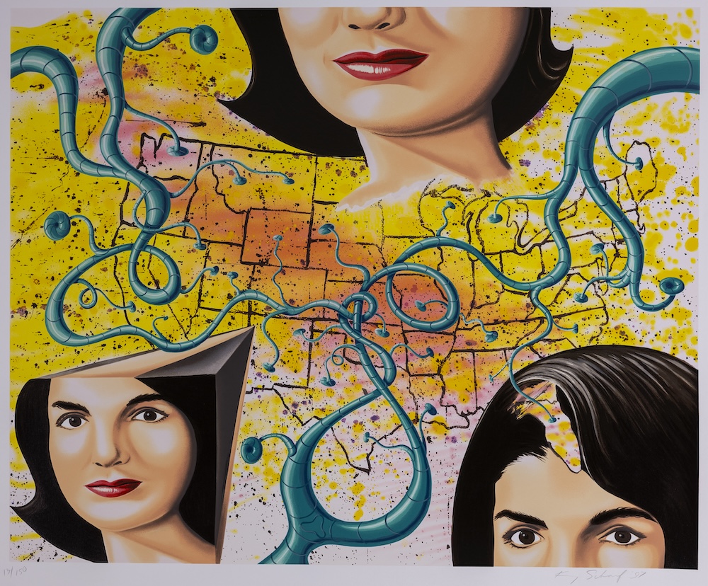 Kenny Sharf's "The 3 Faces of Jackie the American" shows a map of the United States surrounded by three portraits of Jackie Kennedy, each only showing part of her face. Teal tentacle-like branches stretch across the page.