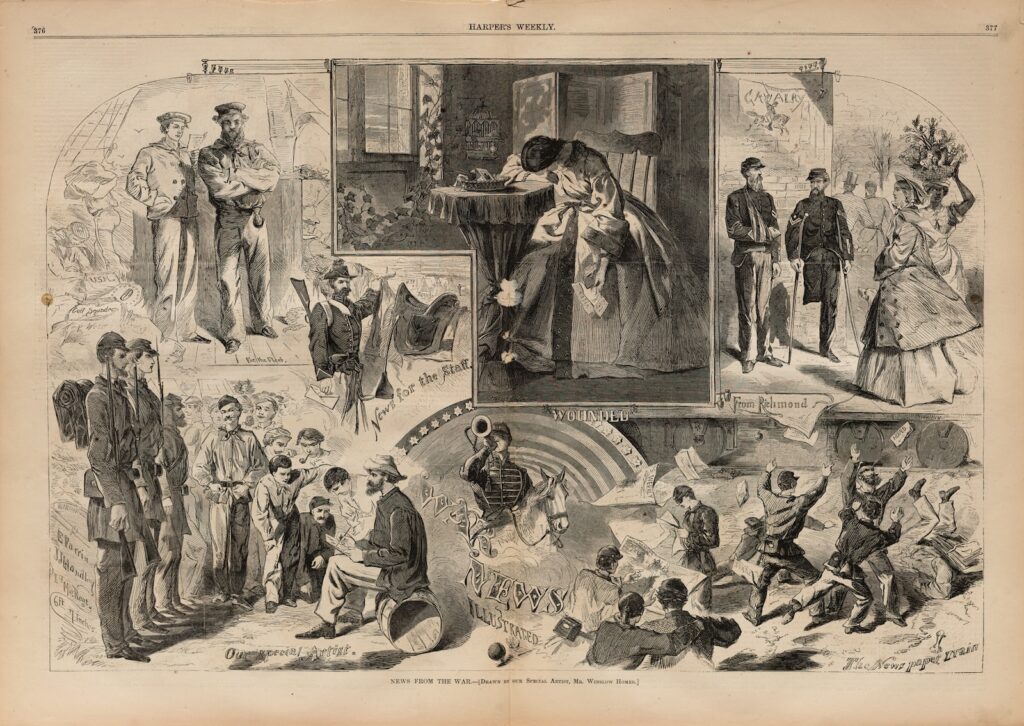 Winslow Homer's "News from the War," a print that shows how people gathered and received news in many different ways during the Civil War. At the lower left, an artist sketches soldiers. On the right, soldiers catch newspapers, including Harper’s Weekly, that fly from a train. Dominating the center of the image is a somber scene of a woman on the homefront, distraught from a tragic letter.