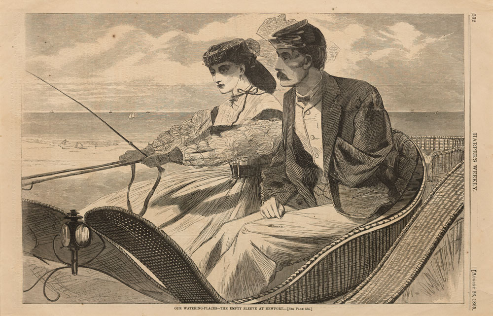 Winslow Homer’s “Our Watering Places — The Empty Sleeve at Newport,” a woodcut of a man and a woman driving in a carriage together. The woman takes the reins because the man only has one arm, his left sleeve pinned up to his shoulder.