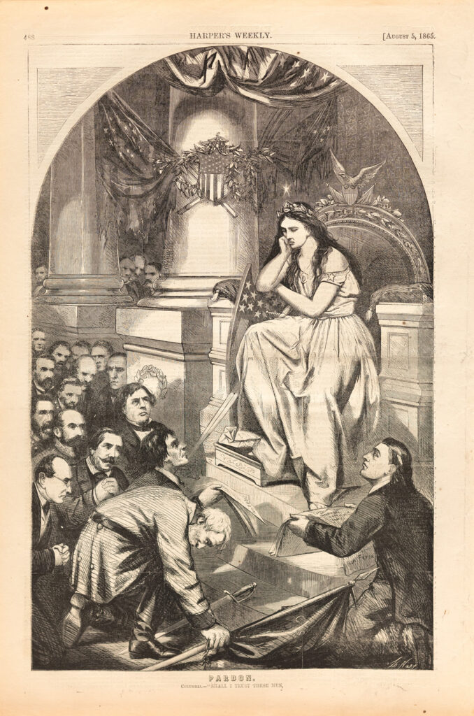 Thomas Nast's "Pardon." This print shows Columbia, a woman in a white dress, representing the federal government. Confederate general Robert E. Lee bows before her, holding a flag.